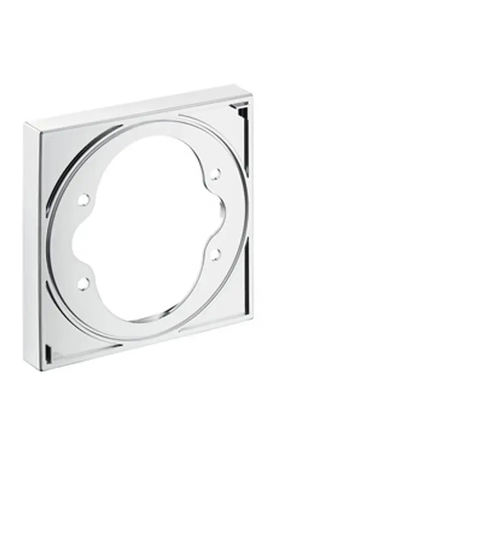 Chromfarbene Verlängerungsrosette von Hansgrohe, quadratisch mit Ausschnitt in der Mitte und Befestigungslöchern, für die Verwendung mit Duschsystemen.